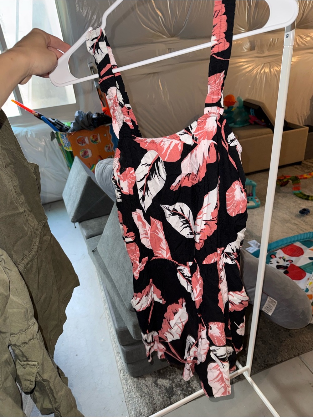 Express Black One-Piece Romper with Pink and White Tropical Print